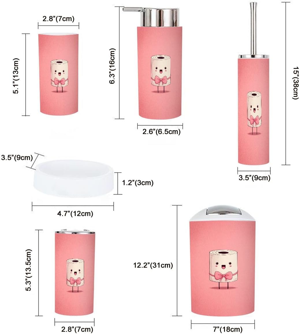 Pink Coastal Bathroom Accessories Set 6 piece Pink Bow Bowknot Coquette Preppy Toilet Paper Roll Plastic shatterproof Vanity Organization countertop Decor for Home, Apartment, Dorm