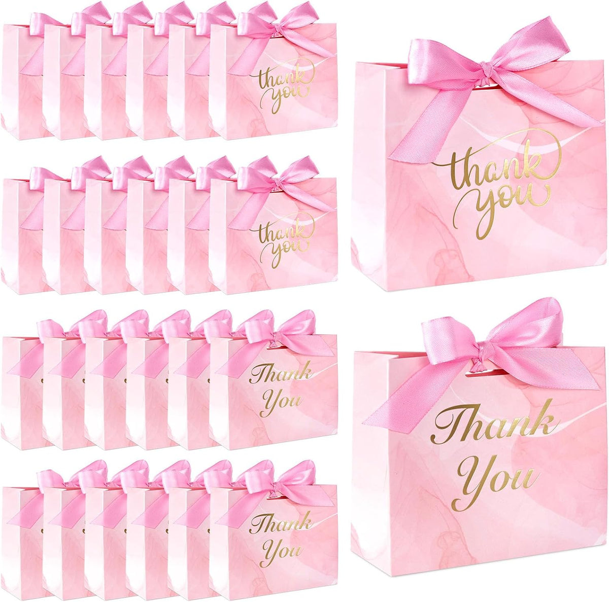 24PCS Thank You Gift Bags, 4.5x3.9x1.8Inches Mini Party Favor Bags Pink Treat Boxes with Bow Ribbon for Wedding Bridal Baby Shower Birthday Party