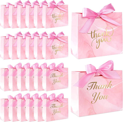 24PCS Thank You Gift Bags, 4.5x3.9x1.8Inches Mini Party Favor Bags Pink Treat Boxes with Bow Ribbon for Wedding Bridal Baby Shower Birthday Party
