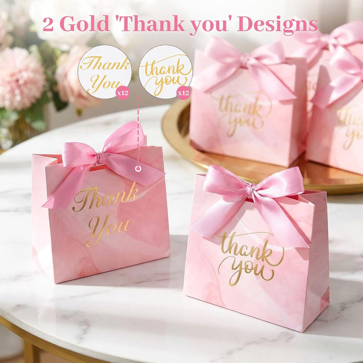 24PCS Thank You Gift Bags, 4.5x3.9x1.8Inches Mini Party Favor Bags Pink Treat Boxes with Bow Ribbon for Wedding Bridal Baby Shower Birthday Party