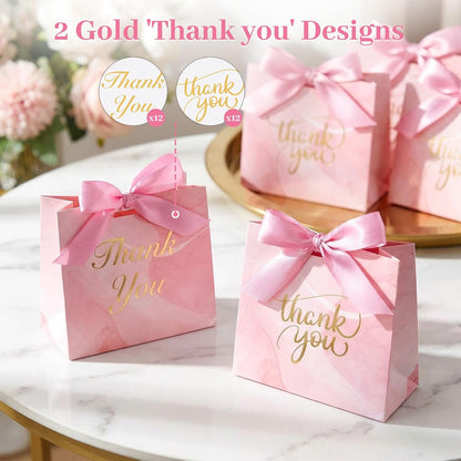 24PCS Thank You Gift Bags, 4.5x3.9x1.8Inches Mini Party Favor Bags Pink Treat Boxes with Bow Ribbon for Wedding Bridal Baby Shower Birthday Party