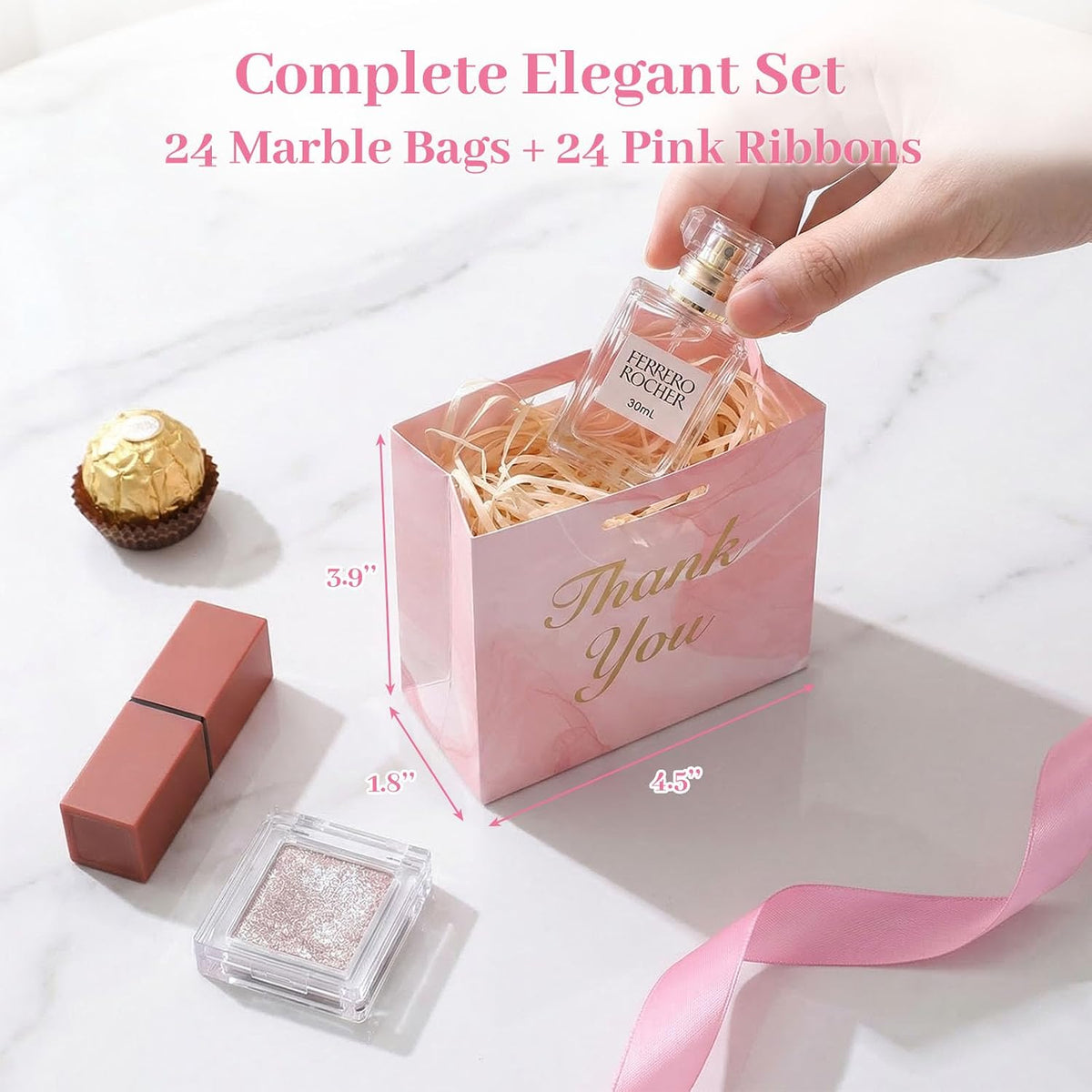 24PCS Thank You Gift Bags, 4.5x3.9x1.8Inches Mini Party Favor Bags Pink Treat Boxes with Bow Ribbon for Wedding Bridal Baby Shower Birthday Party