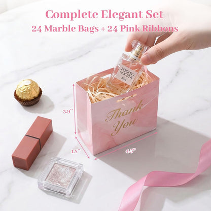 24PCS Thank You Gift Bags, 4.5x3.9x1.8Inches Mini Party Favor Bags Pink Treat Boxes with Bow Ribbon for Wedding Bridal Baby Shower Birthday Party