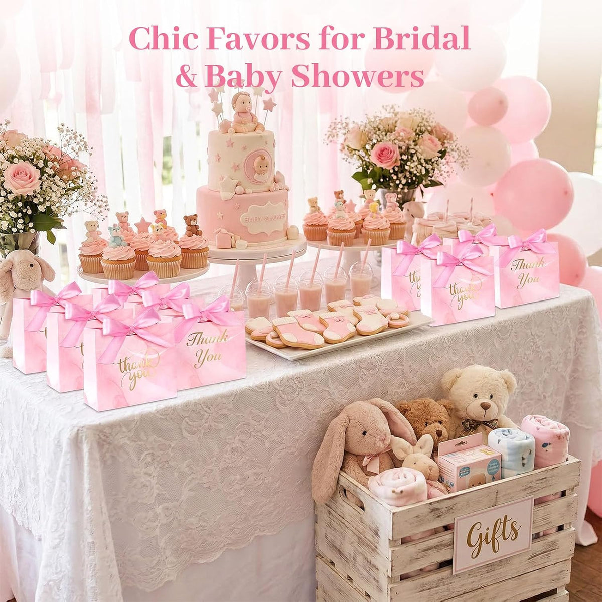 24PCS Thank You Gift Bags, 4.5x3.9x1.8Inches Mini Party Favor Bags Pink Treat Boxes with Bow Ribbon for Wedding Bridal Baby Shower Birthday Party