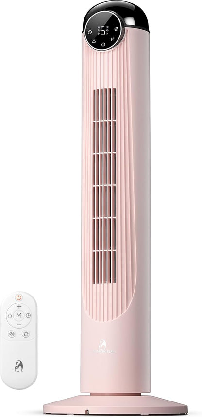 T36 Tower Fan, 36 Inch DC Brushless Motor Bladeless Oscillating Fan with Remote, 6 Speeds & 4 Modes,LED Display, 9H Timer, Quiet Floor Standing Fan for Bedroom Living Room Office, Pink