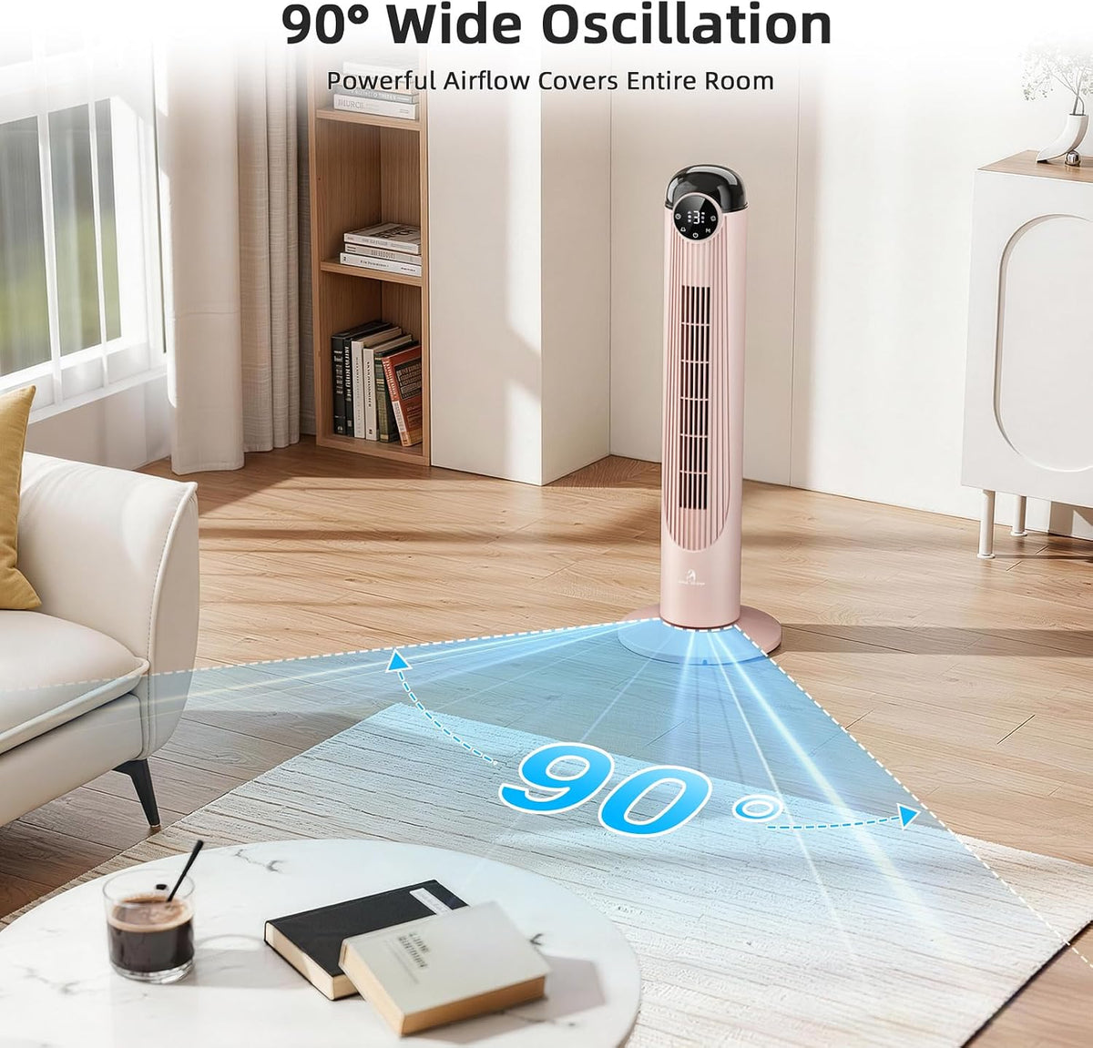 T36 Tower Fan, 36 Inch DC Brushless Motor Bladeless Oscillating Fan with Remote, 6 Speeds & 4 Modes,LED Display, 9H Timer, Quiet Floor Standing Fan for Bedroom Living Room Office, Pink