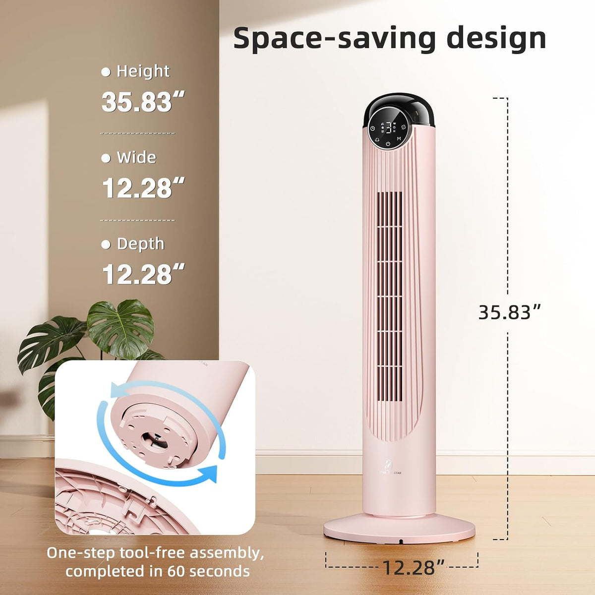 T36 Tower Fan, 36 Inch DC Brushless Motor Bladeless Oscillating Fan with Remote, 6 Speeds & 4 Modes,LED Display, 9H Timer, Quiet Floor Standing Fan for Bedroom Living Room Office, Pink