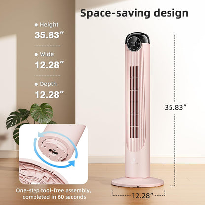 T36 Tower Fan, 36 Inch DC Brushless Motor Bladeless Oscillating Fan with Remote, 6 Speeds & 4 Modes,LED Display, 9H Timer, Quiet Floor Standing Fan for Bedroom Living Room Office, Pink
