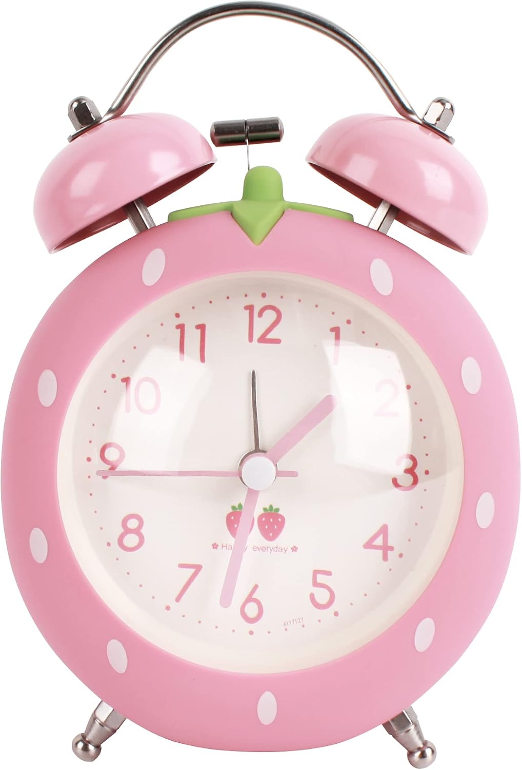 4 inches Twin Bell Alarm Clock Strawberry,Backlight,Battery Operated,Non Ticking,Analog Loud Alarm Clock for Bedroom,Bedside,Desk,Pink, One Size