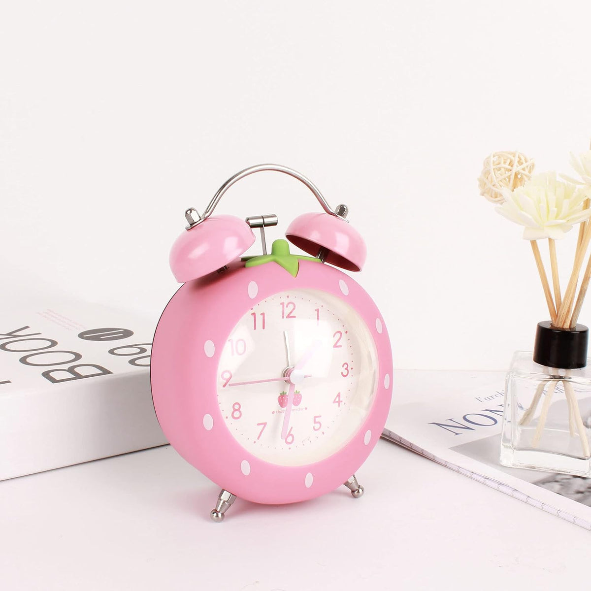 4 inches Twin Bell Alarm Clock Strawberry,Backlight,Battery Operated,Non Ticking,Analog Loud Alarm Clock for Bedroom,Bedside,Desk,Pink, One Size