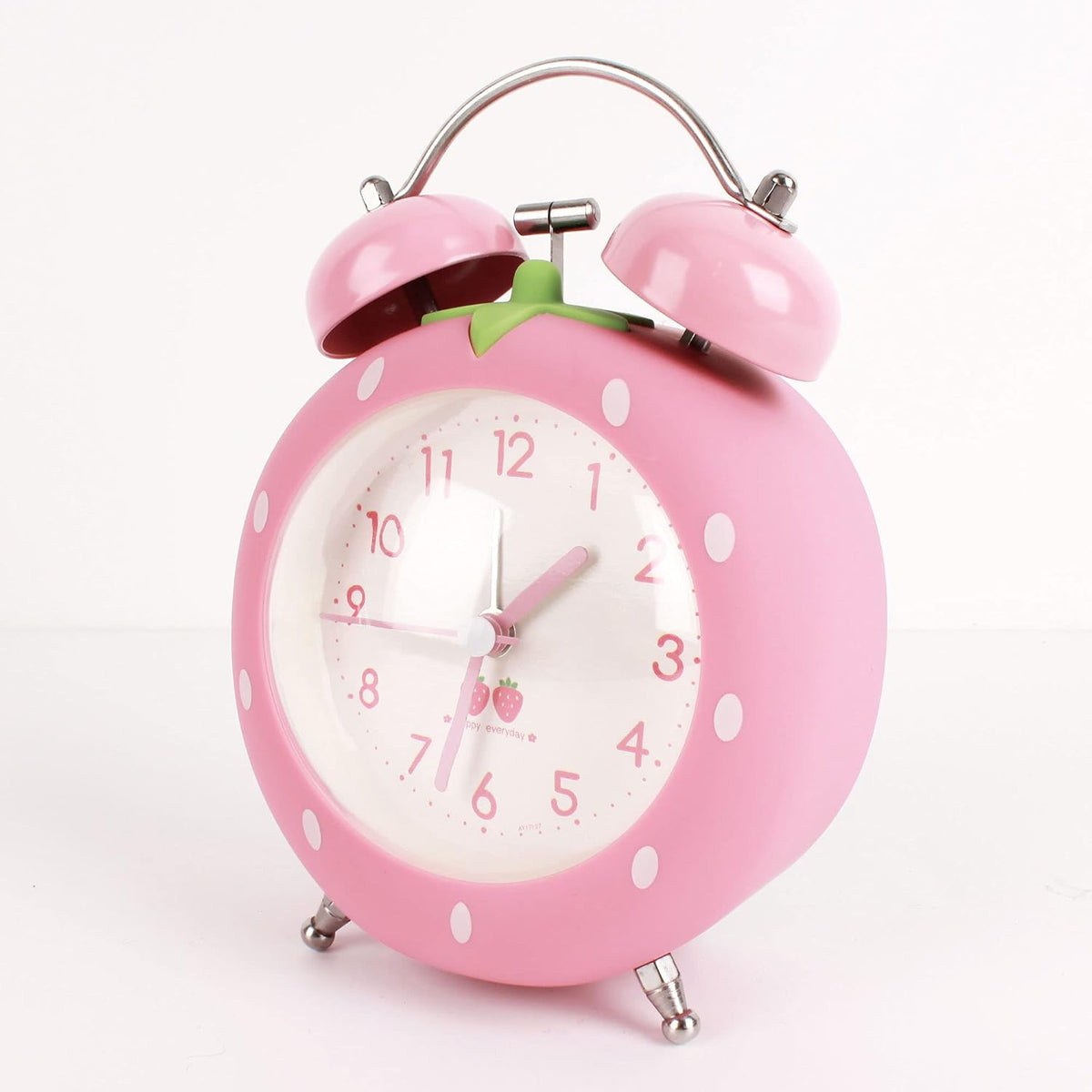 4 inches Twin Bell Alarm Clock Strawberry,Backlight,Battery Operated,Non Ticking,Analog Loud Alarm Clock for Bedroom,Bedside,Desk,Pink, One Size