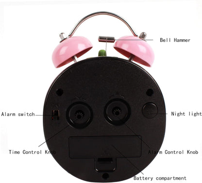 4 inches Twin Bell Alarm Clock Strawberry,Backlight,Battery Operated,Non Ticking,Analog Loud Alarm Clock for Bedroom,Bedside,Desk,Pink, One Size