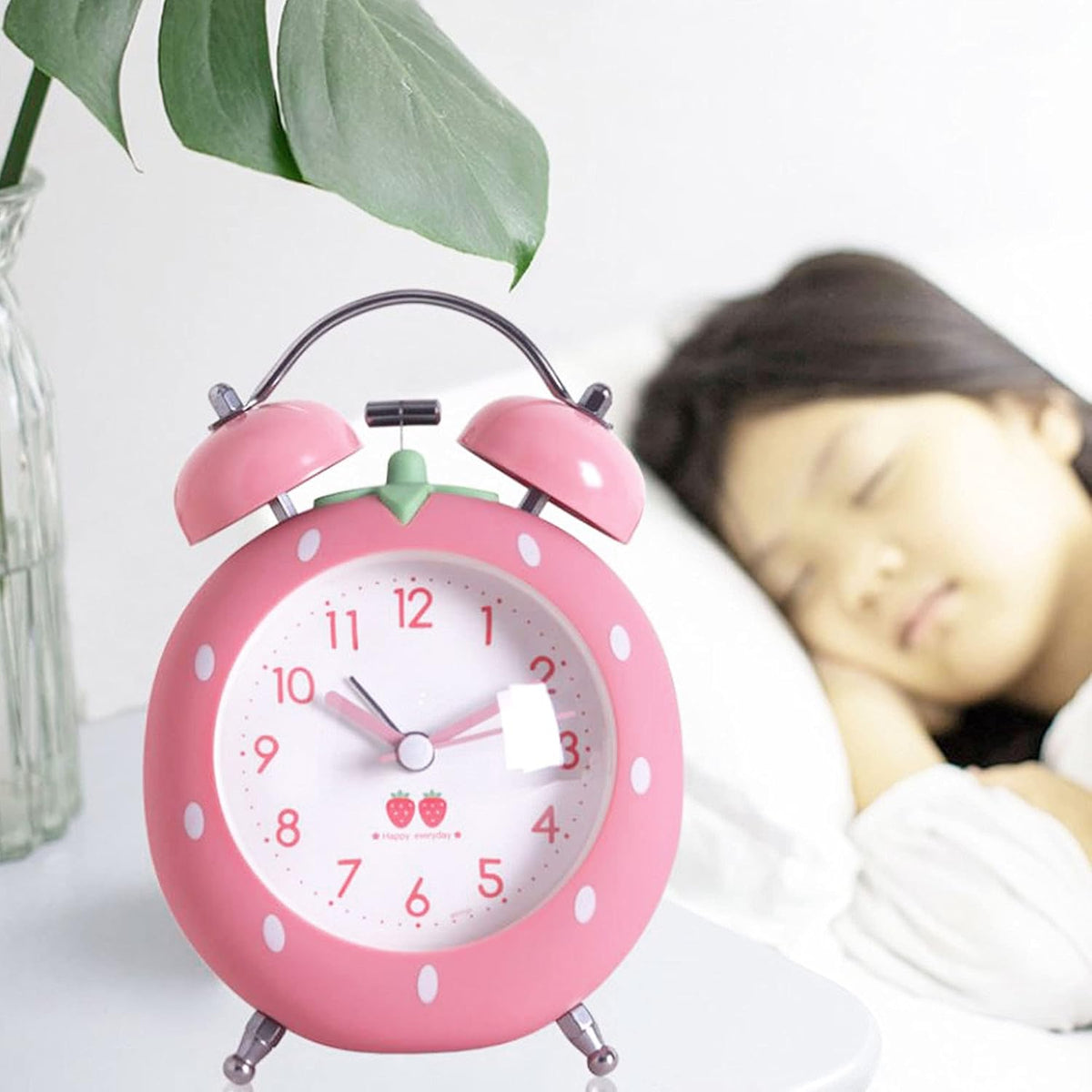 4 inches Twin Bell Alarm Clock Strawberry,Backlight,Battery Operated,Non Ticking,Analog Loud Alarm Clock for Bedroom,Bedside,Desk,Pink, One Size