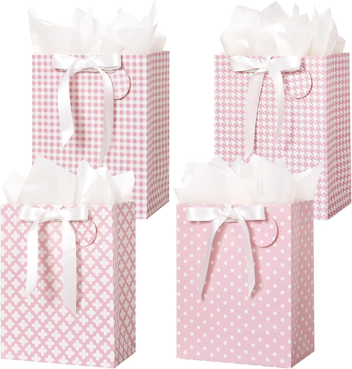 Pink Gift Bags Medium Size with Handles, Tissue Paper & Ribbon - 4 Pack 9"- Medium Gift Bags for Women Birthday Christmas Wedding Bridal Shower Graduation & New Year Gifts