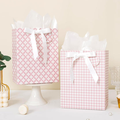 Pink Gift Bags Medium Size with Handles, Tissue Paper & Ribbon - 4 Pack 9"- Medium Gift Bags for Women Birthday Christmas Wedding Bridal Shower Graduation & New Year Gifts