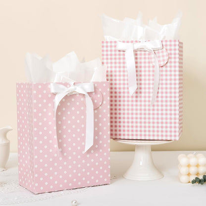 Pink Gift Bags Medium Size with Handles, Tissue Paper & Ribbon - 4 Pack 9"- Medium Gift Bags for Women Birthday Christmas Wedding Bridal Shower Graduation & New Year Gifts