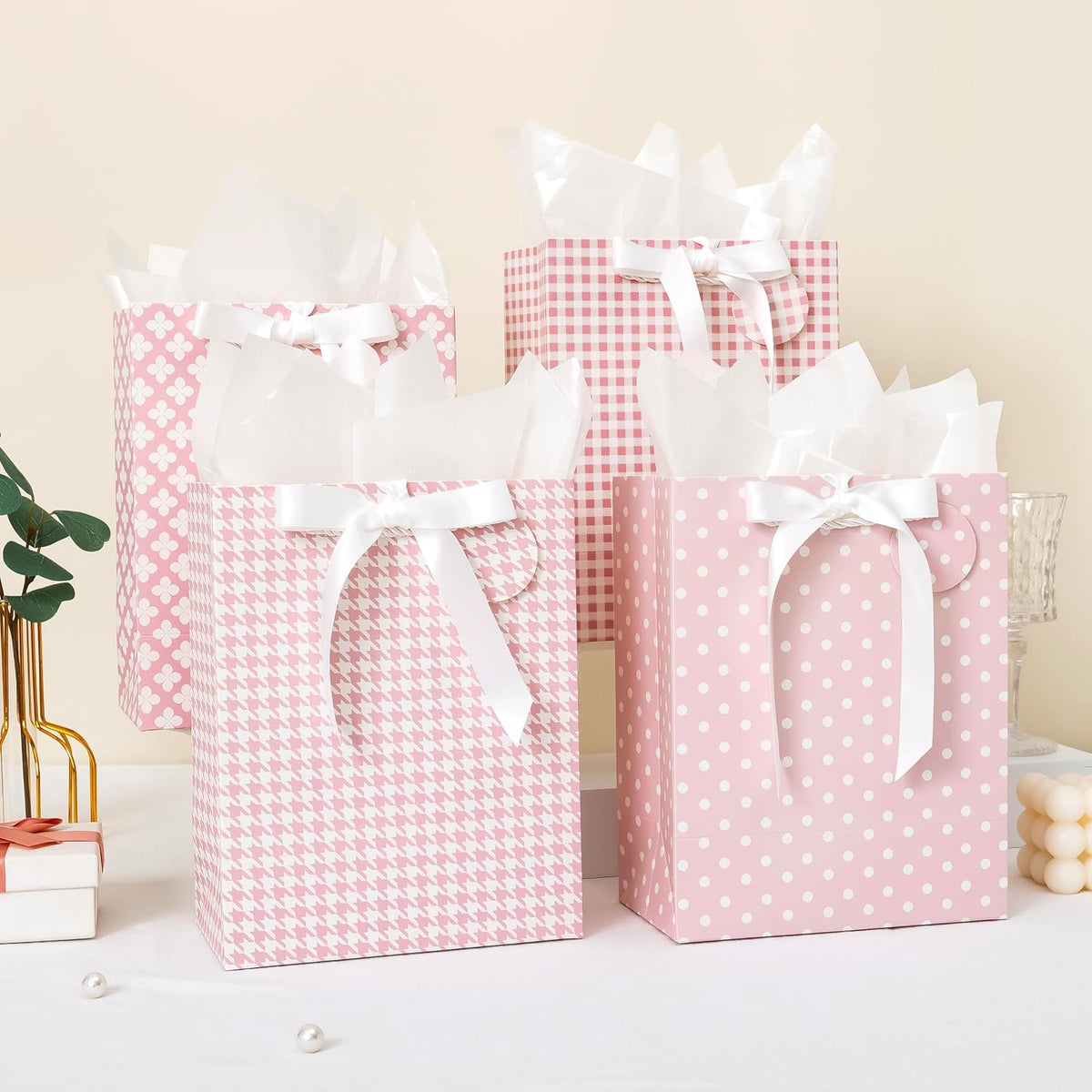 Pink Gift Bags Medium Size with Handles, Tissue Paper & Ribbon - 4 Pack 9"- Medium Gift Bags for Women Birthday Christmas Wedding Bridal Shower Graduation & New Year Gifts