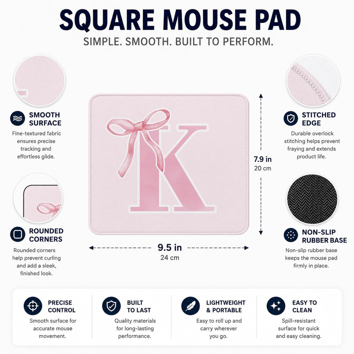 Pink Coquette Trendy Initial K Bow Mouse Pad, 9.5x7.9 Inch