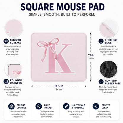 Pink Coquette Trendy Initial K Bow Mouse Pad, 9.5x7.9 Inch