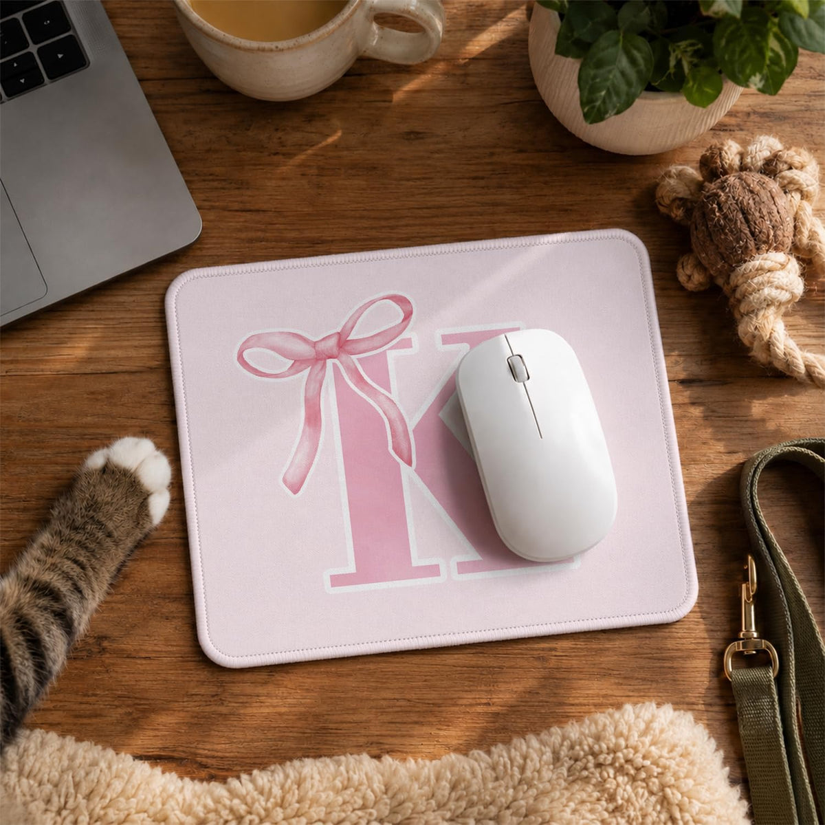 Pink Coquette Trendy Initial K Bow Mouse Pad, 9.5x7.9 Inch