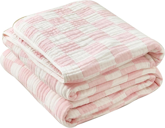 Cotton Muslin Throw Blanket for Adults 6-Layer Gauze Checkerboard