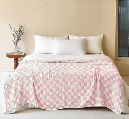 Cotton Muslin Throw Blanket for Adults 6-Layer Gauze Checkerboard