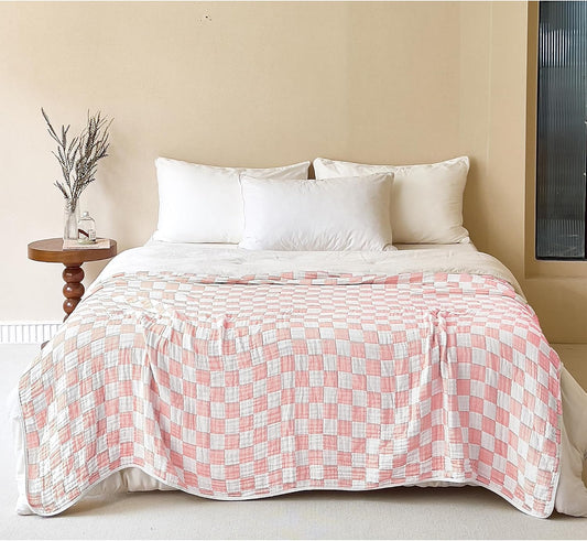 Cotton Muslin Throw Blanket for Adults 6-Layer Gauze Checkerboard
