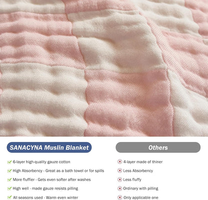 Cotton Muslin Throw Blanket for Adults 6-Layer Gauze Checkerboard