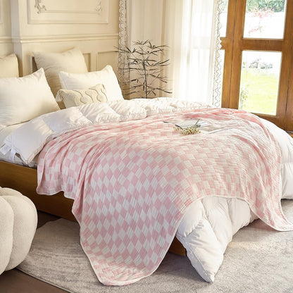 Cotton Muslin Throw Blanket for Adults 6-Layer Gauze Checkerboard