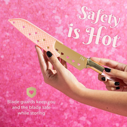 Paris Hilton Stainless Steel Knife Set with Jewel Shaped Handles and Gold Blades, Iconic Cutlery Set, 4-Piece, Pink