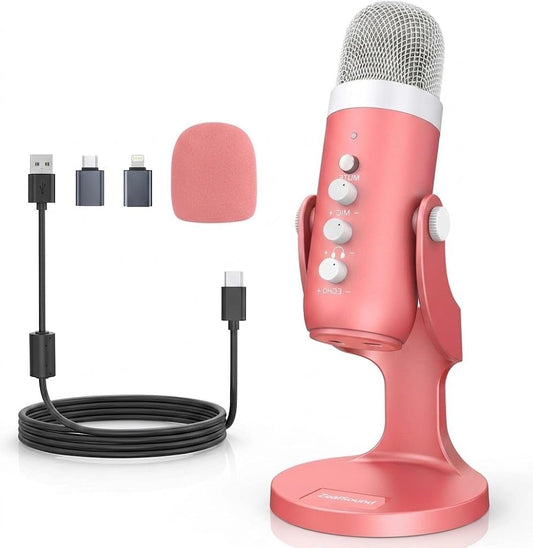 Podcast Microphone for iPhone PC & Mac, Noise Cancellation USB Mic with Volume, Mute & Echo Control, Zero-Latency Monitoring, for ASMR, Podcasting, Vocal Recording & Voice-Over - K66 Pink