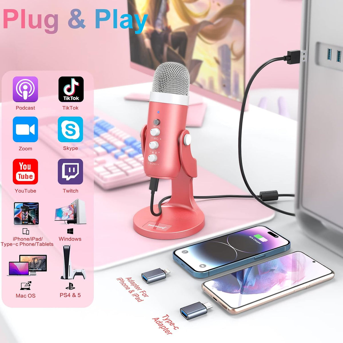 Podcast Microphone for iPhone PC & Mac, Noise Cancellation USB Mic with Volume, Mute & Echo Control, Zero-Latency Monitoring, for ASMR, Podcasting, Vocal Recording & Voice-Over - K66 Pink