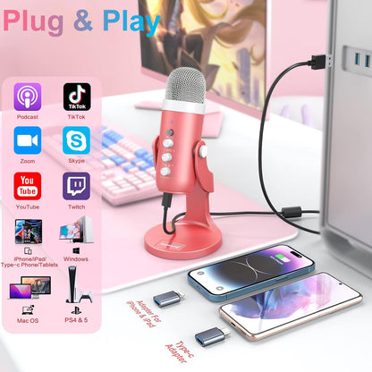 Podcast Microphone for iPhone PC & Mac, Noise Cancellation USB Mic with Volume, Mute & Echo Control, Zero-Latency Monitoring, for ASMR, Podcasting, Vocal Recording & Voice-Over - K66 Pink