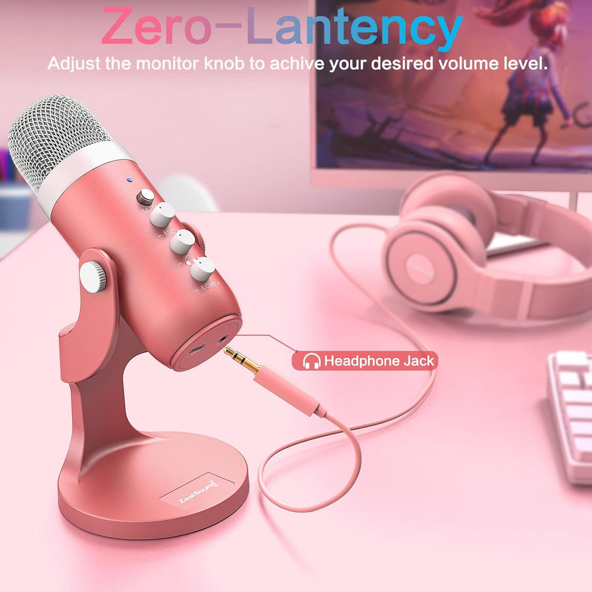 Podcast Microphone for iPhone PC & Mac, Noise Cancellation USB Mic with Volume, Mute & Echo Control, Zero-Latency Monitoring, for ASMR, Podcasting, Vocal Recording & Voice-Over - K66 Pink