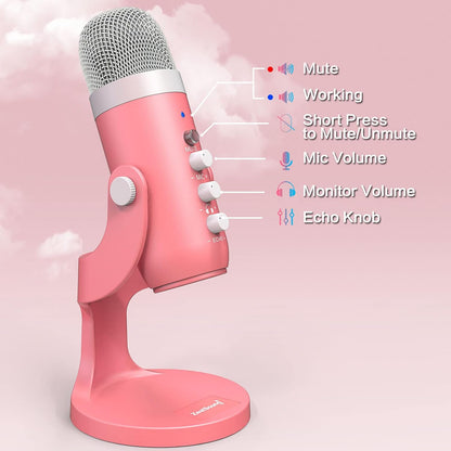 Podcast Microphone for iPhone PC & Mac, Noise Cancellation USB Mic with Volume, Mute & Echo Control, Zero-Latency Monitoring, for ASMR, Podcasting, Vocal Recording & Voice-Over - K66 Pink
