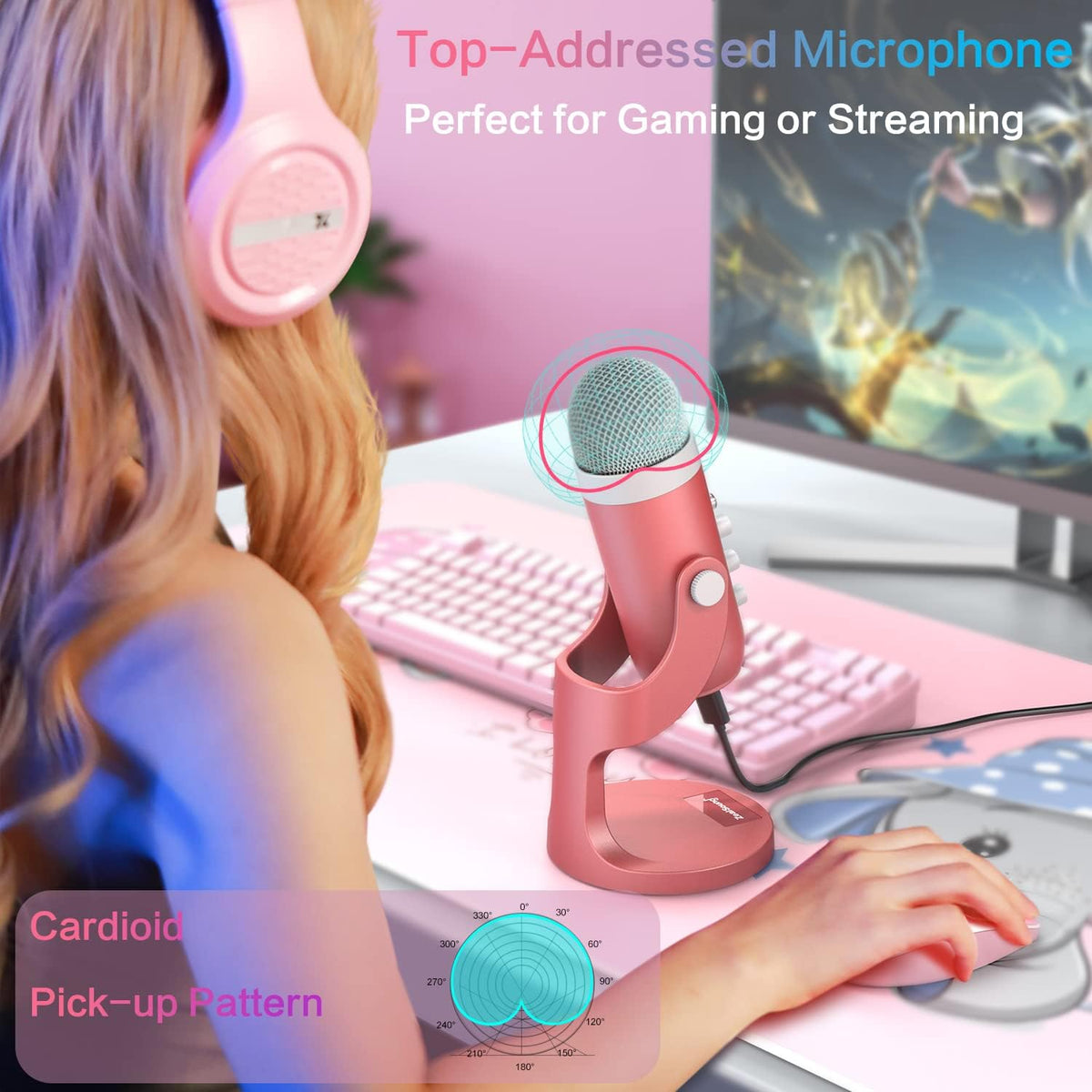 Podcast Microphone for iPhone PC & Mac, Noise Cancellation USB Mic with Volume, Mute & Echo Control, Zero-Latency Monitoring, for ASMR, Podcasting, Vocal Recording & Voice-Over - K66 Pink