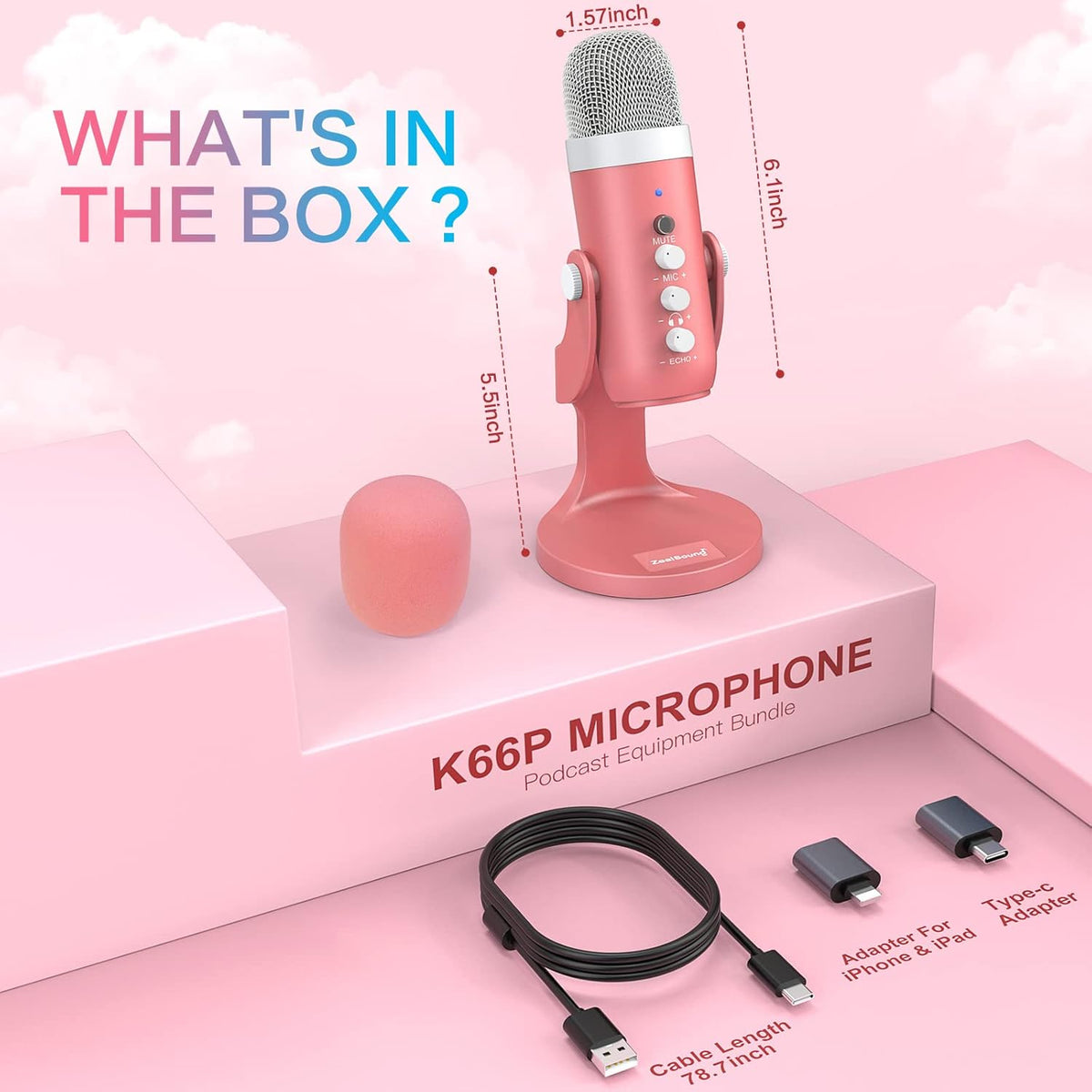Podcast Microphone for iPhone PC & Mac, Noise Cancellation USB Mic with Volume, Mute & Echo Control, Zero-Latency Monitoring, for ASMR, Podcasting, Vocal Recording & Voice-Over - K66 Pink