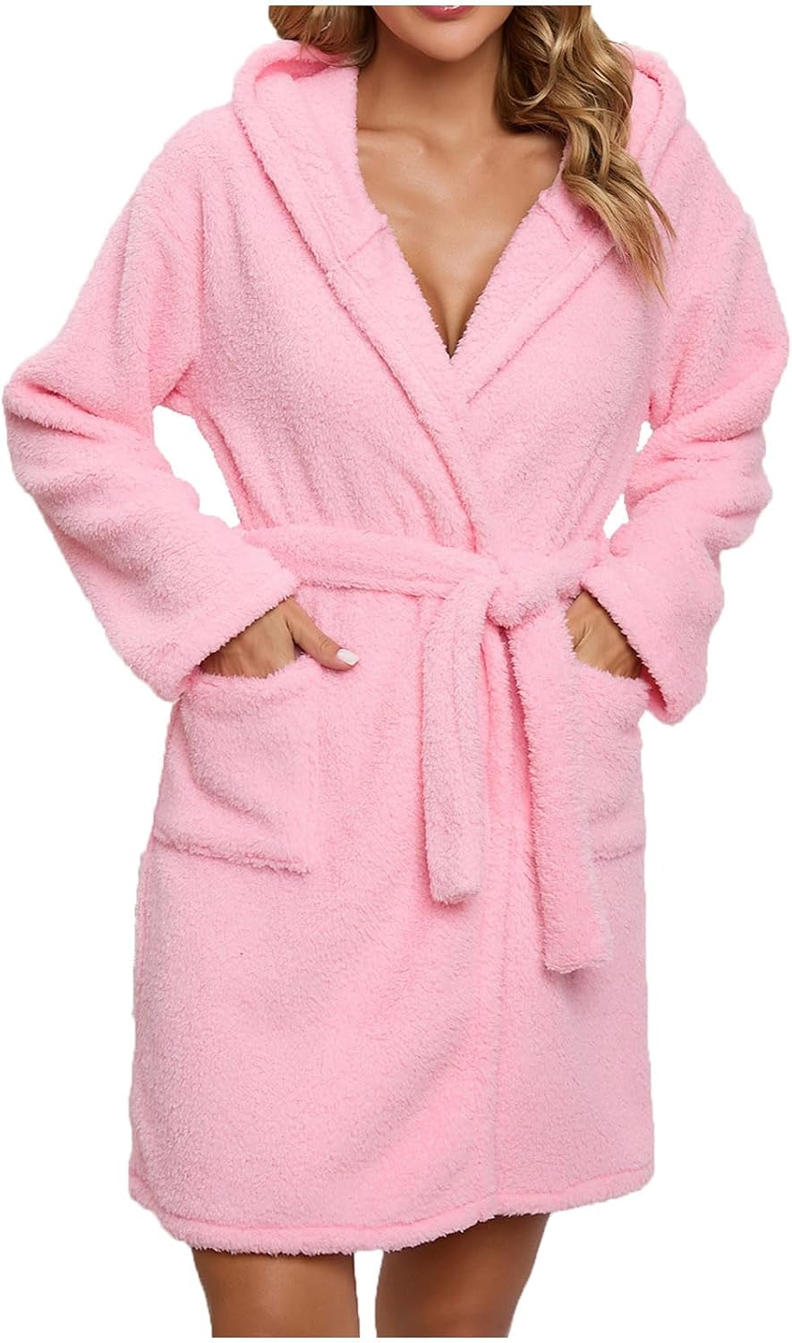 Women Warm Plush Bathrobe Hooded Short Housecoat Soft Fleece Fuzzy Spa Robes Ladies Comfort Fall Winter Shower Robe