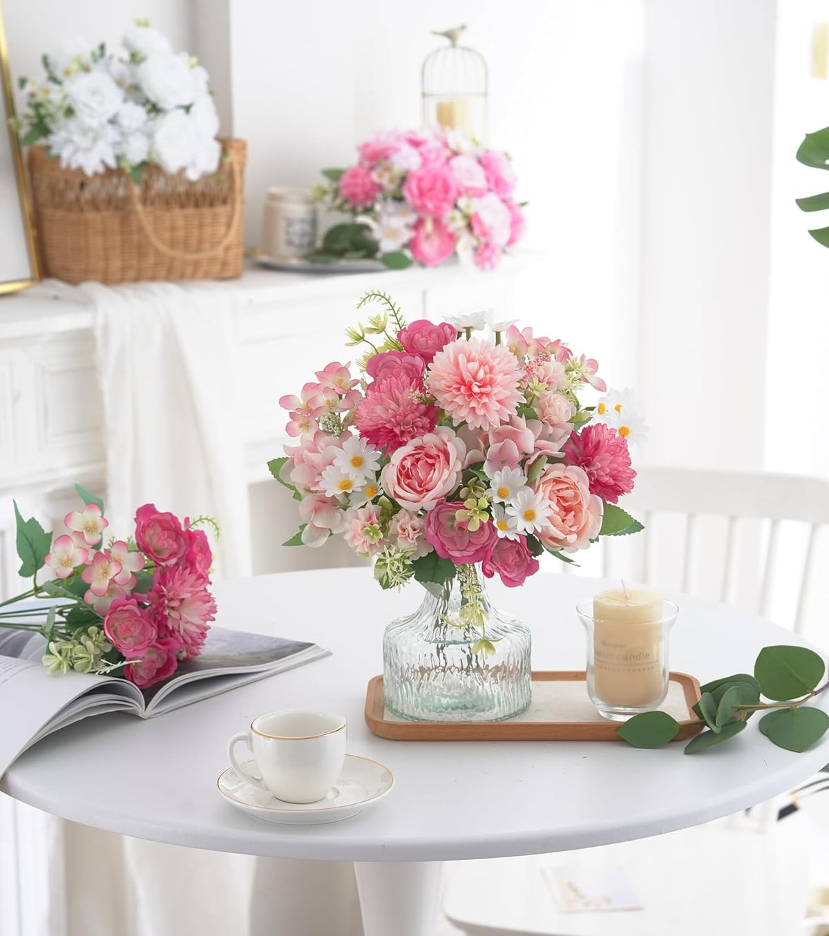 Artificial Pink Peony Bouquet, Silk Flowers for Wedding Centerpieces