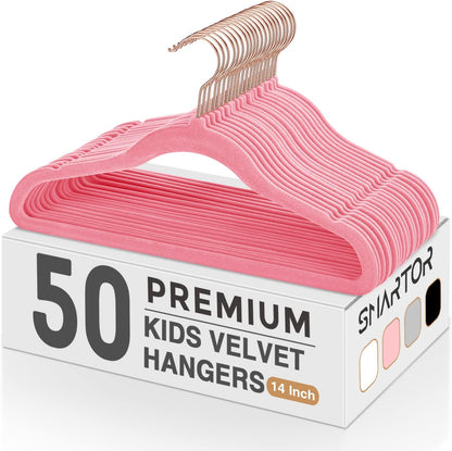 Kids Velvet Hangers 50 Pack, 14 Inch Premium Non Slip Kids Felt Hangers for Closet, Space Saving Toddler Clothes Hanger for Youth's Childrens' Clothes (Rose Gold Hook)- Pink