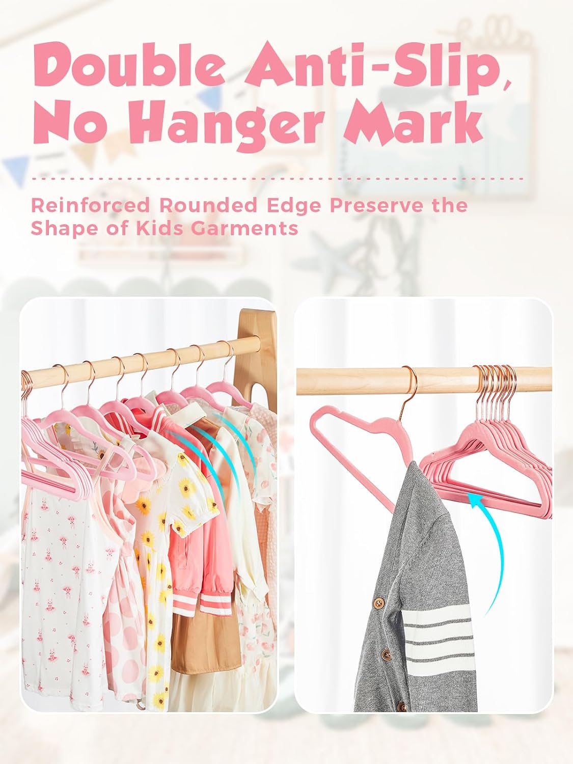 Kids Velvet Hangers 50 Pack, 14 Inch Premium Non Slip Kids Felt Hangers for Closet, Space Saving Toddler Clothes Hanger for Youth's Childrens' Clothes (Rose Gold Hook)- Pink