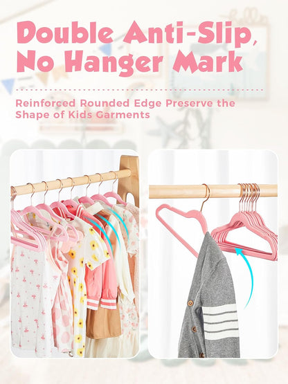 Kids Velvet Hangers 50 Pack, 14 Inch Premium Non Slip Kids Felt Hangers for Closet, Space Saving Toddler Clothes Hanger for Youth's Childrens' Clothes (Rose Gold Hook)- Pink