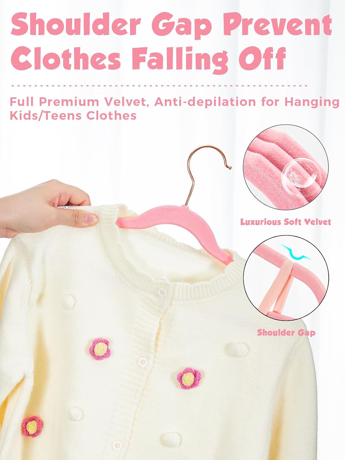 Kids Velvet Hangers 50 Pack, 14 Inch Premium Non Slip Kids Felt Hangers for Closet, Space Saving Toddler Clothes Hanger for Youth's Childrens' Clothes (Rose Gold Hook)- Pink