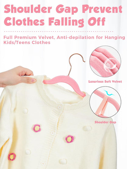 Kids Velvet Hangers 50 Pack, 14 Inch Premium Non Slip Kids Felt Hangers for Closet, Space Saving Toddler Clothes Hanger for Youth's Childrens' Clothes (Rose Gold Hook)- Pink