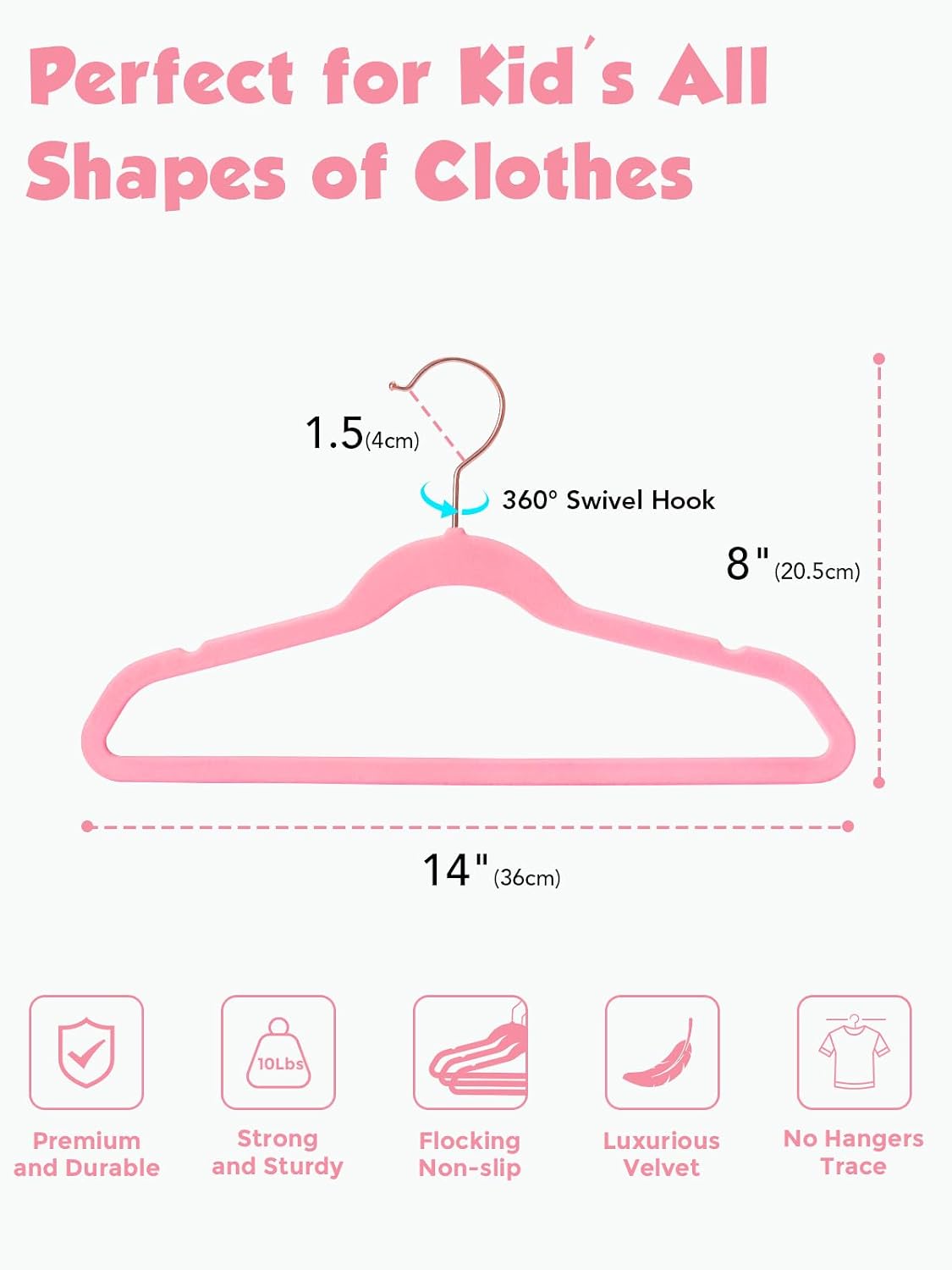 Kids Velvet Hangers 50 Pack, 14 Inch Premium Non Slip Kids Felt Hangers for Closet, Space Saving Toddler Clothes Hanger for Youth's Childrens' Clothes (Rose Gold Hook)- Pink