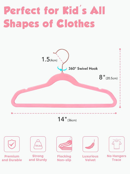 Kids Velvet Hangers 50 Pack, 14 Inch Premium Non Slip Kids Felt Hangers for Closet, Space Saving Toddler Clothes Hanger for Youth's Childrens' Clothes (Rose Gold Hook)- Pink