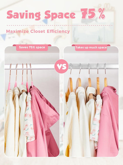 Kids Velvet Hangers 50 Pack, 14 Inch Premium Non Slip Kids Felt Hangers for Closet, Space Saving Toddler Clothes Hanger for Youth's Childrens' Clothes (Rose Gold Hook)- Pink