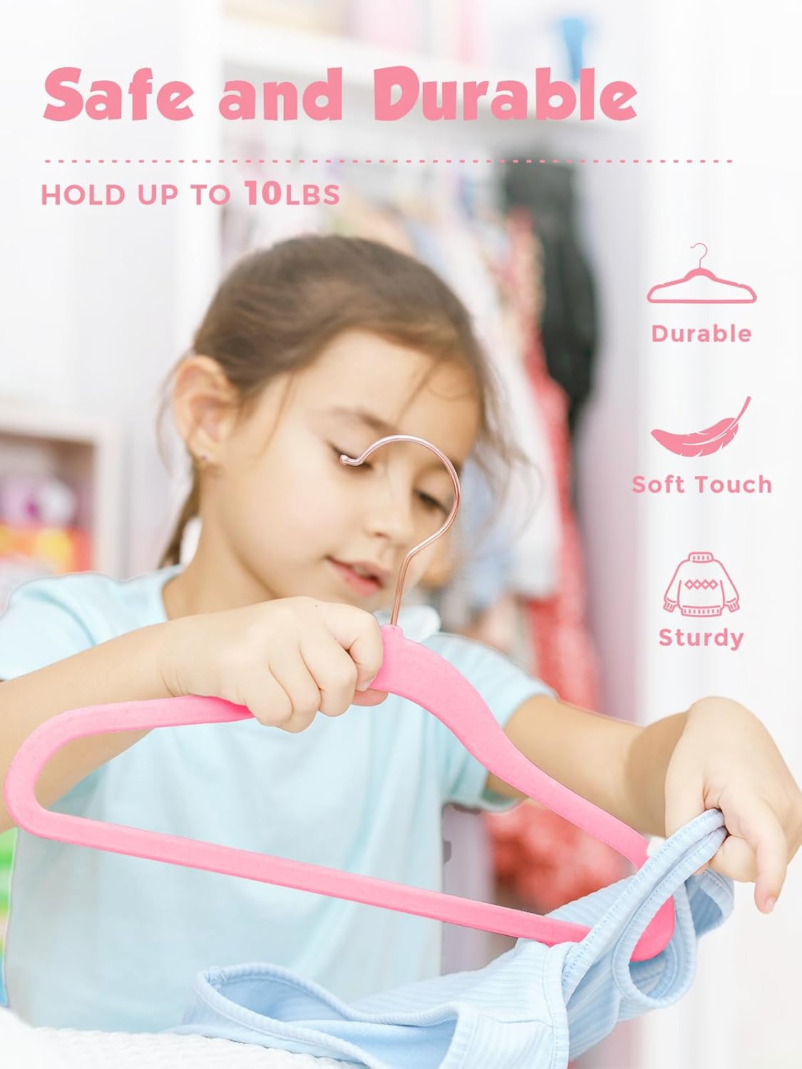 Kids Velvet Hangers 50 Pack, 14 Inch Premium Non Slip Kids Felt Hangers for Closet, Space Saving Toddler Clothes Hanger for Youth's Childrens' Clothes (Rose Gold Hook)- Pink