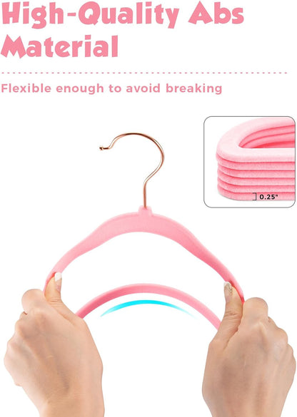 Kids Velvet Hangers 50 Pack, 14 Inch Premium Non Slip Kids Felt Hangers for Closet, Space Saving Toddler Clothes Hanger for Youth's Childrens' Clothes (Rose Gold Hook)- Pink