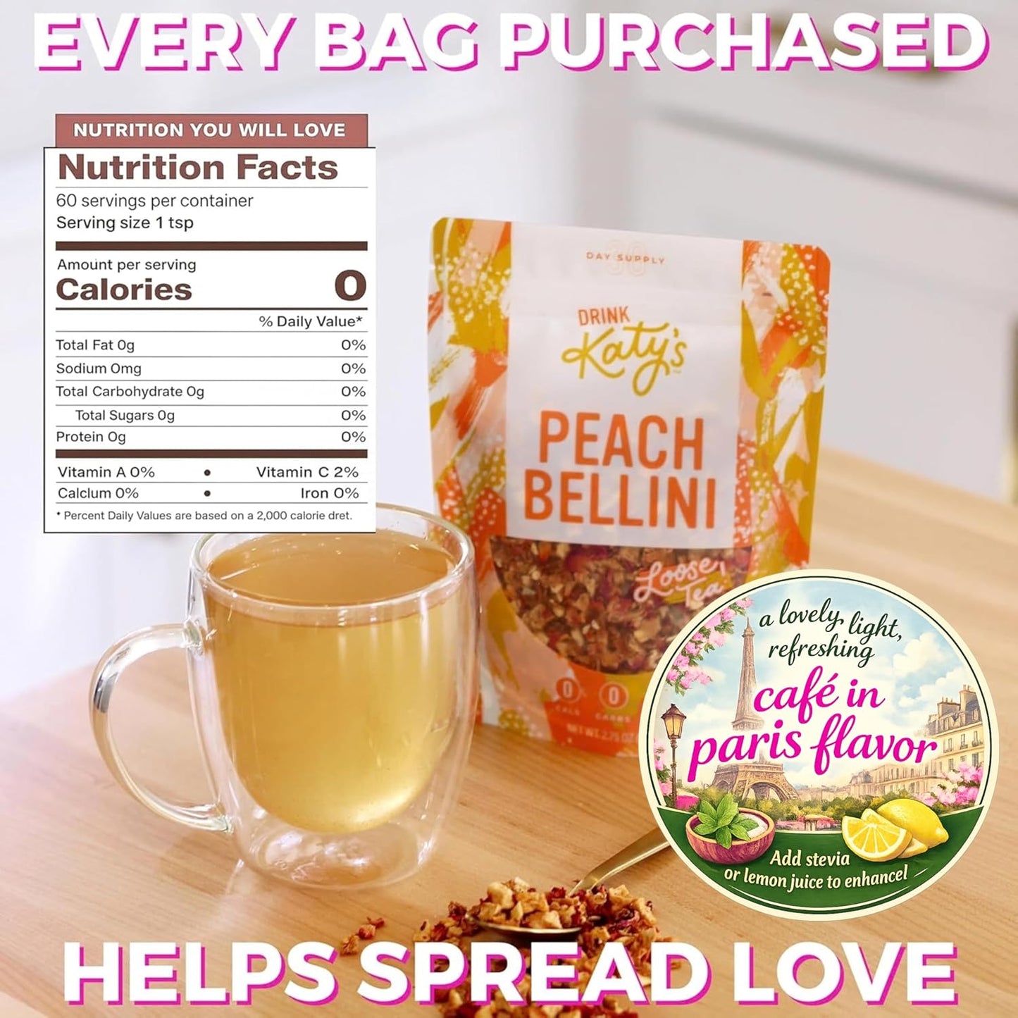 Katy’s Peach Bellini Loose Tea - Apple, Peach & Mango - Light Herbal Fruit Tea, Caffeine-Free, Sugar-Free - Hot or Iced Tea - 30+ Cups